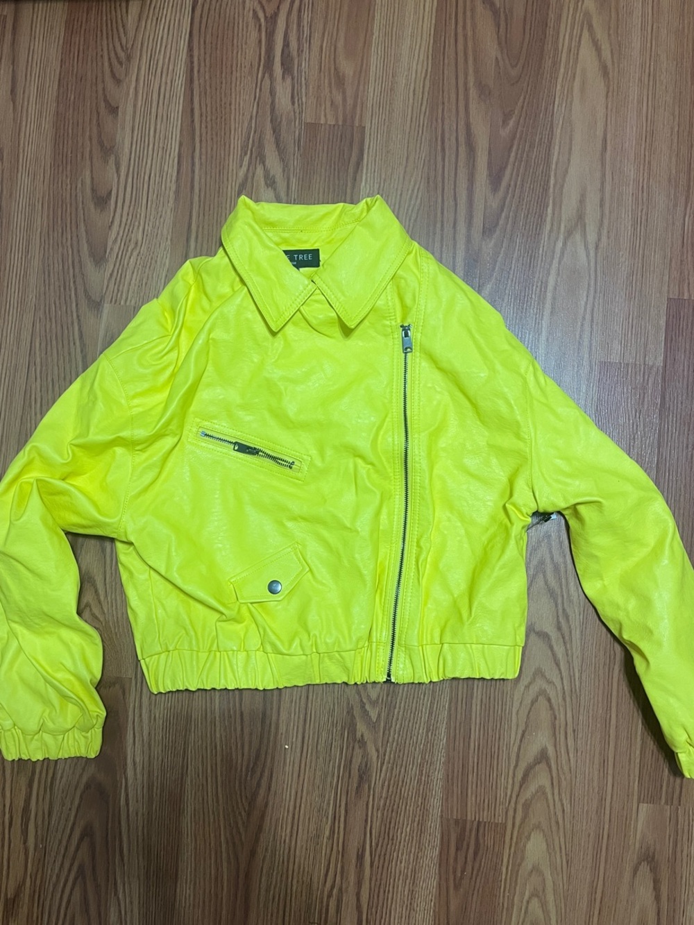 Neon Yellow Cropped Moto Jacket - Women's Faux Leather Statement Piece Love Tree